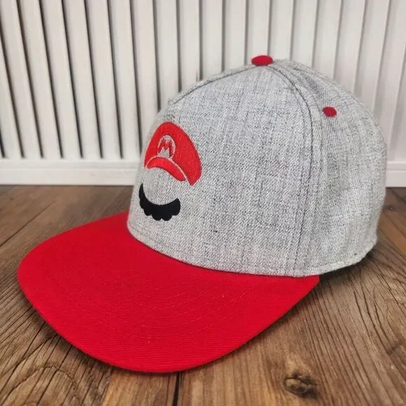 Nintendo Super Mario Mustache Snapback Baseball Hat Cap Gray Red Video Games